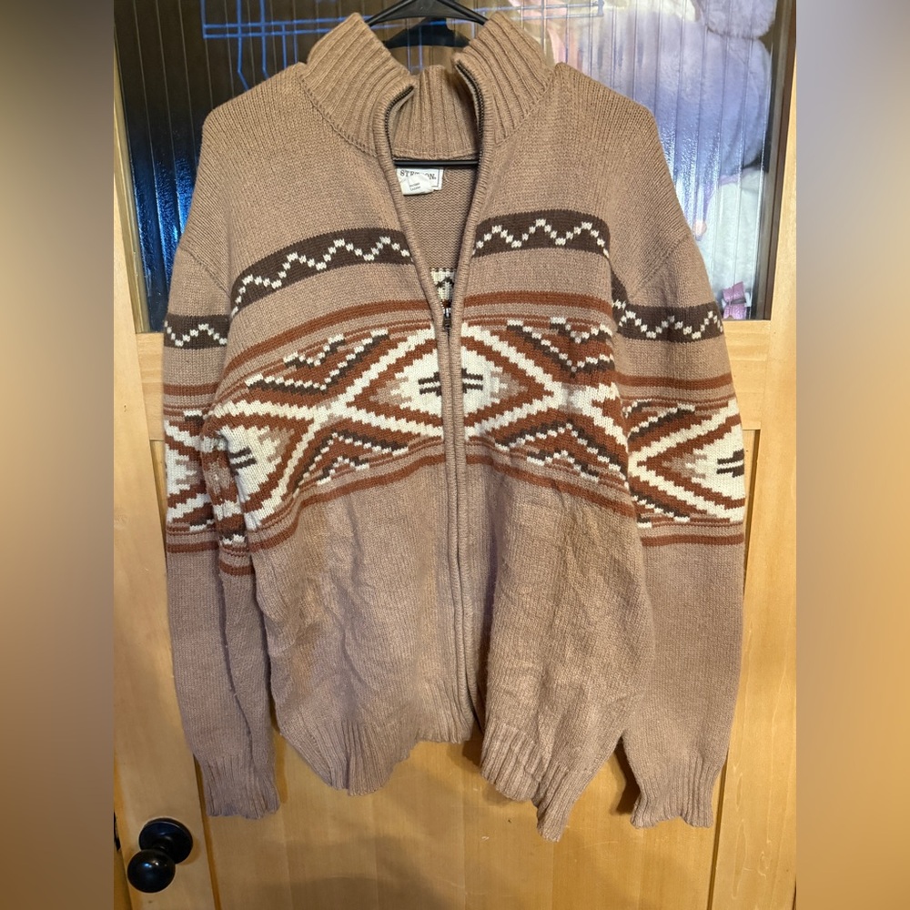 Stetson Full Zip Aztec Sweater Cardigan Western Navajo Cotton Wool Blend Size L
